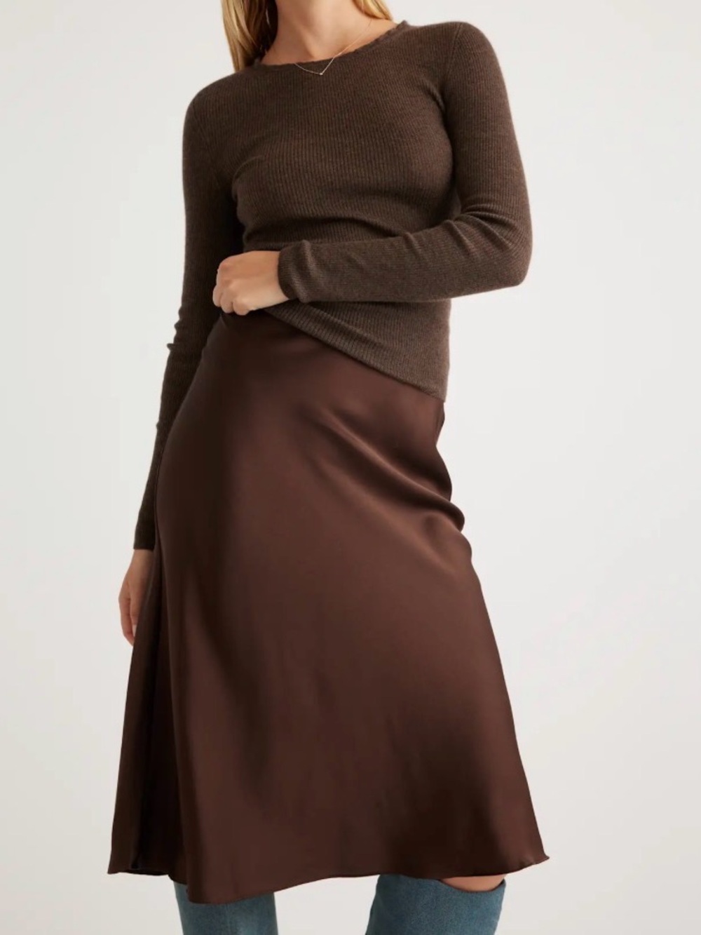 Quince 100% Washable Satin Midi Skirt - Brown/Hot Fudge - Small